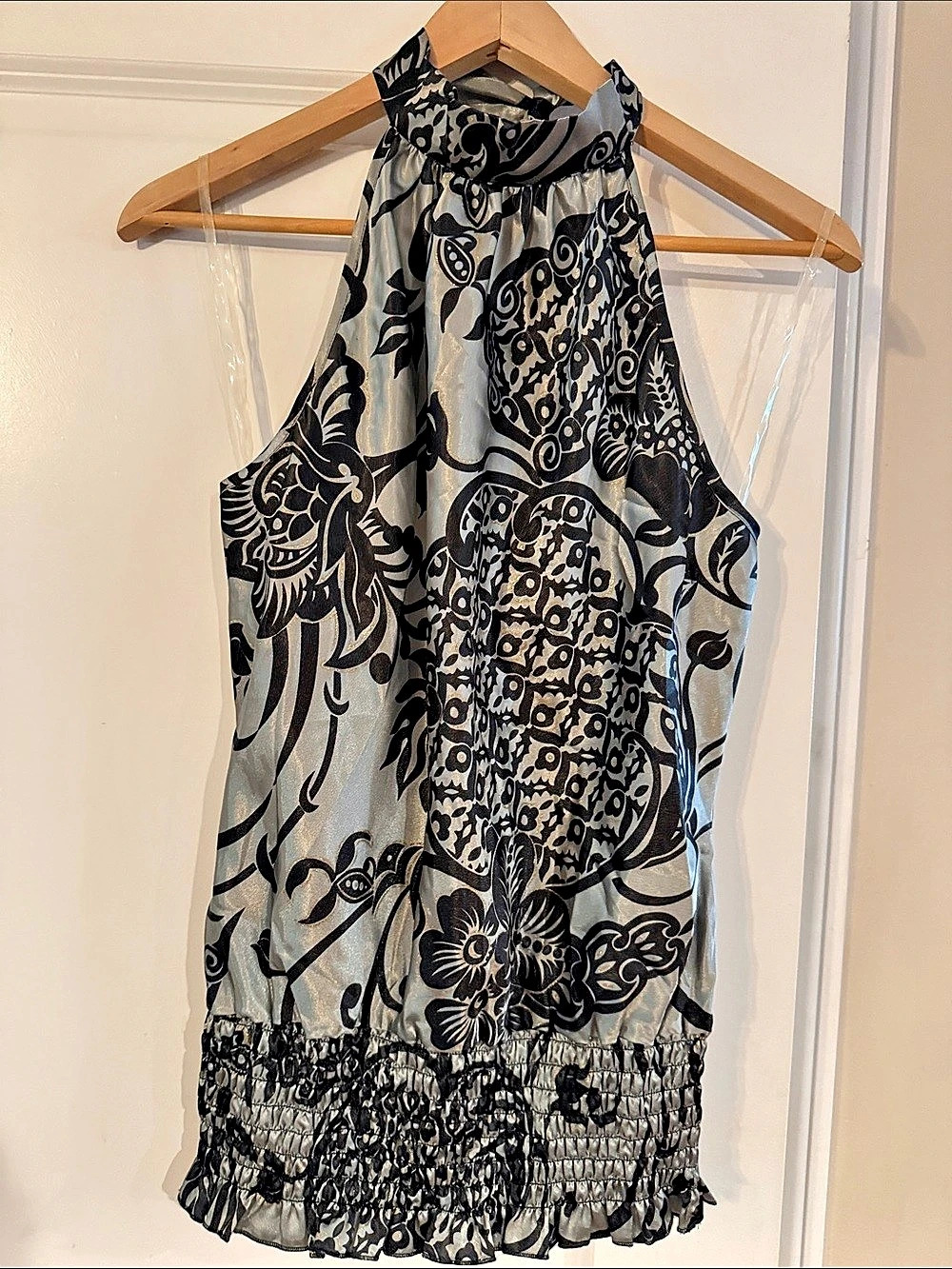 Charlotte Russe Abstract Print Ruffle Halter Top in Light green, gold & Black